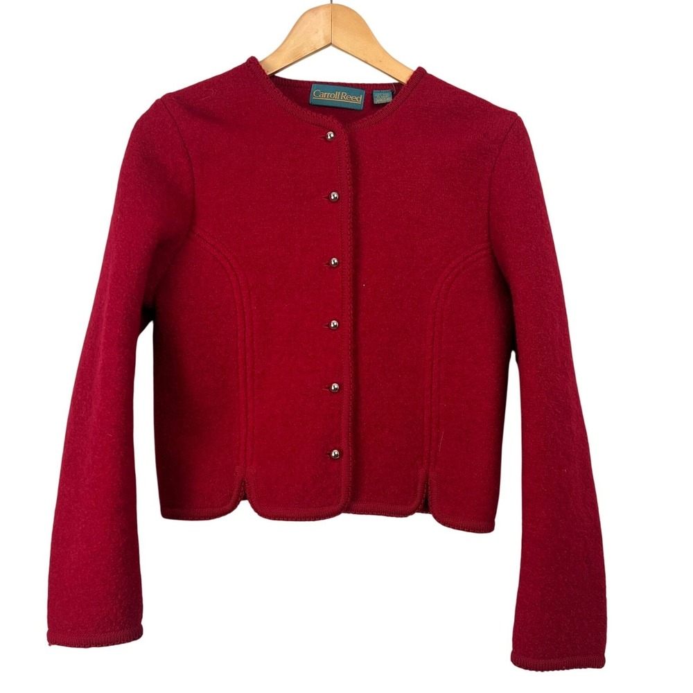 Carroll Reed Vintage Red 100% Boiled Wool Cardigan Jacket Silver Buttons Size S